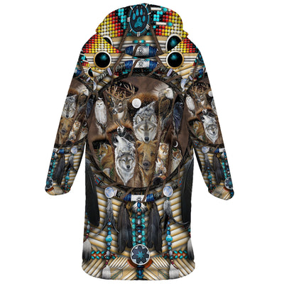 Animal Spirit Dreamcatcher Horn Button Long Fleece Windbreaker WCS