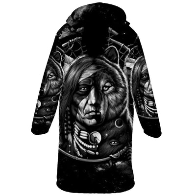 Native American Half Wolf Half Human Horn Button Long Fleece Windbreaker WCS