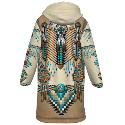 Turiquoise Native Indian Pattern Feather Horn Button Long Fleece Windbreaker WCS